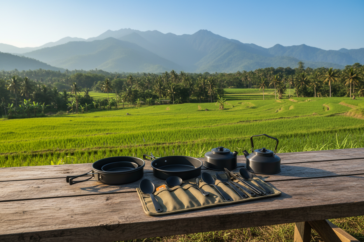 Black cooking sets for camping. nature in bulacan background 