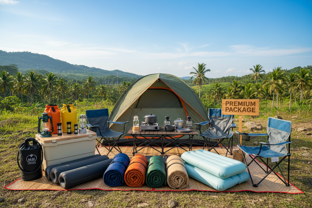 generate a square image for bundle product title "Premium Package" this package includes 1 Medium Tent (4-6 pax), 4 Sleeping Bags, 2 Air Mattresses, 4 Travel Chairs, 1 Large Foldable Table, 1 Butane Stove, 1 Cooking Set, 1 Cooler, 1 Portable Shower, 4 Lamps, 4 Flashlight, 2 Waterproof Bags. Nature in Bulacan background